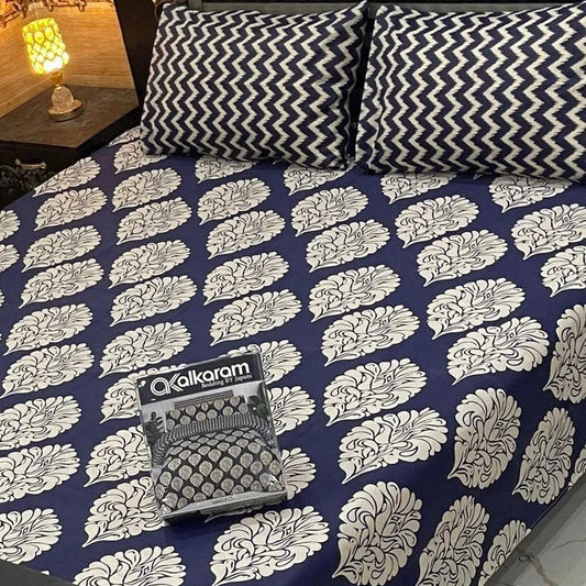 Double Bedsheet Set Blue Floral Cotton 3Pc Mix Cotton