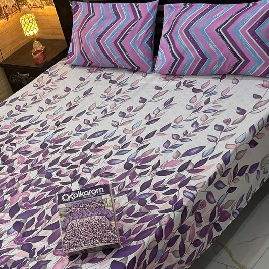 Purple Leaf Print 3Pc Mix Cotton Bedsheet Set