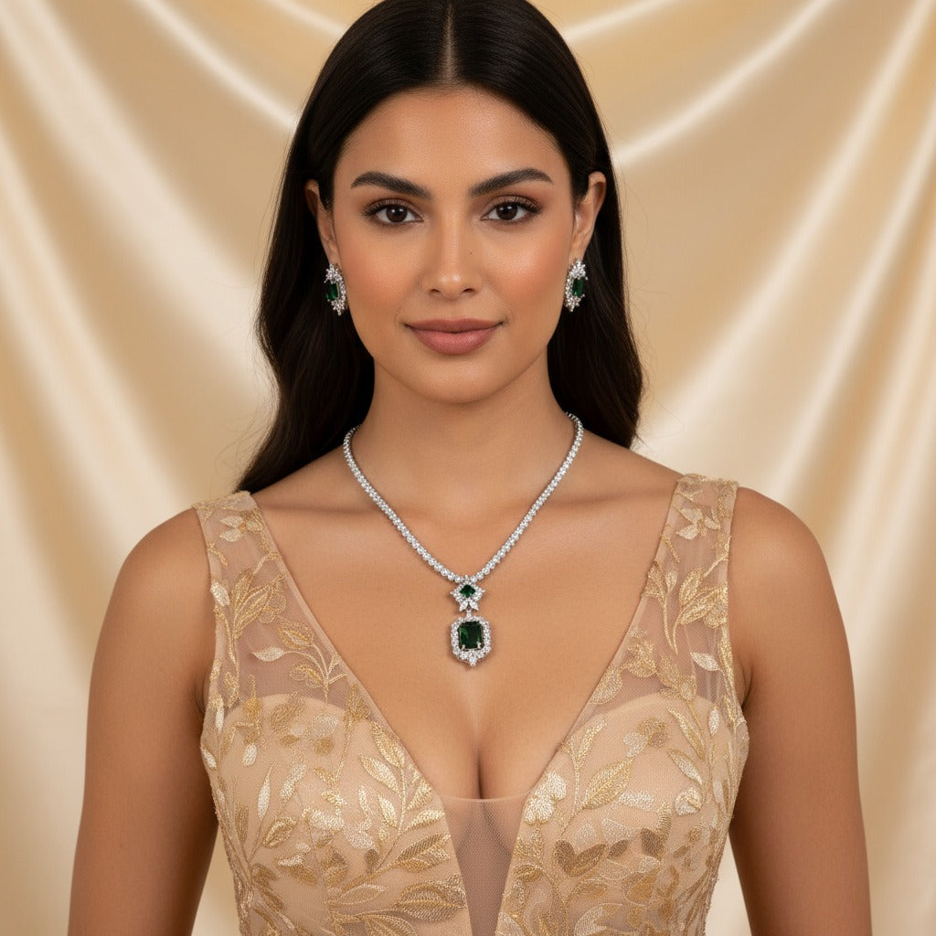Zircon Necklace & Earrings Set Champagne Gold Pakistani Bride