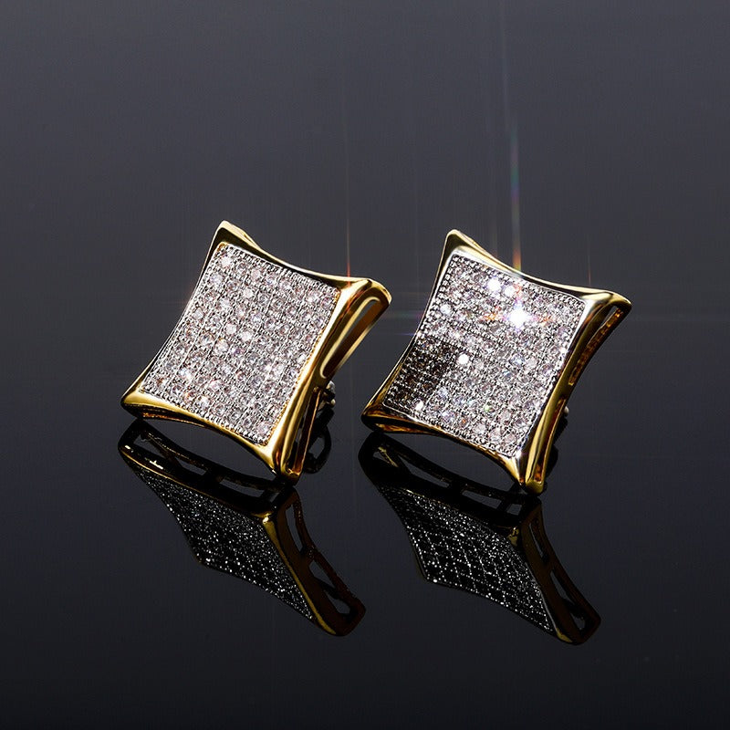 Square Zircon Earrings Real Gold Hip-Hop Style
