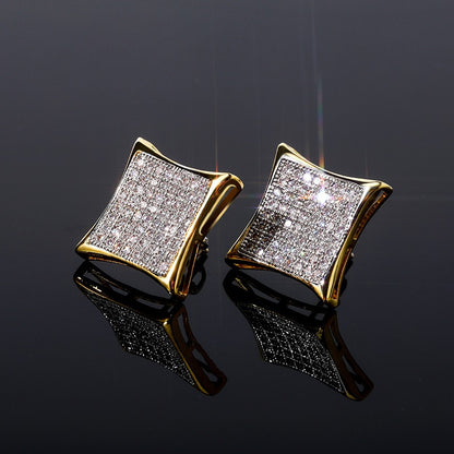 Square Zircon Earrings Real Gold Hip-Hop Style