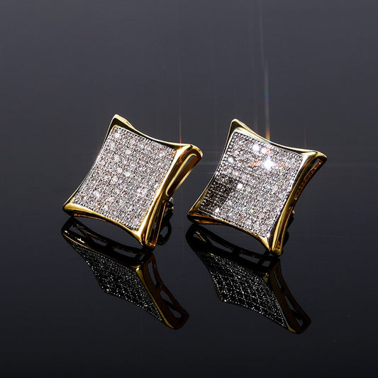 Square Zircon Earrings Real Gold Hip-Hop Style