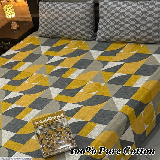 100% Pure Cotton Double Bedsheet Set Yellow Grey