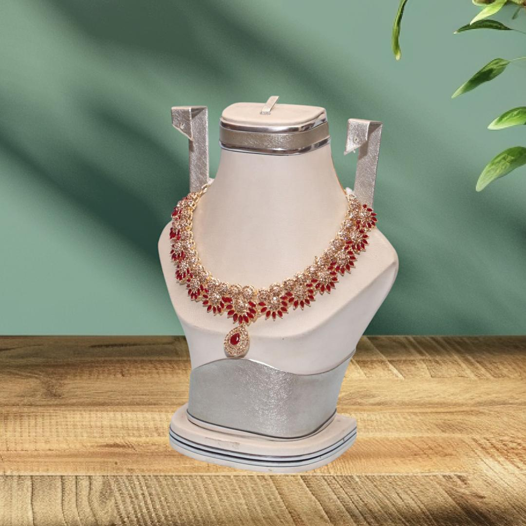 Red Crystal Bridal Necklace Set Gold Plated Lightweight Elegant Design