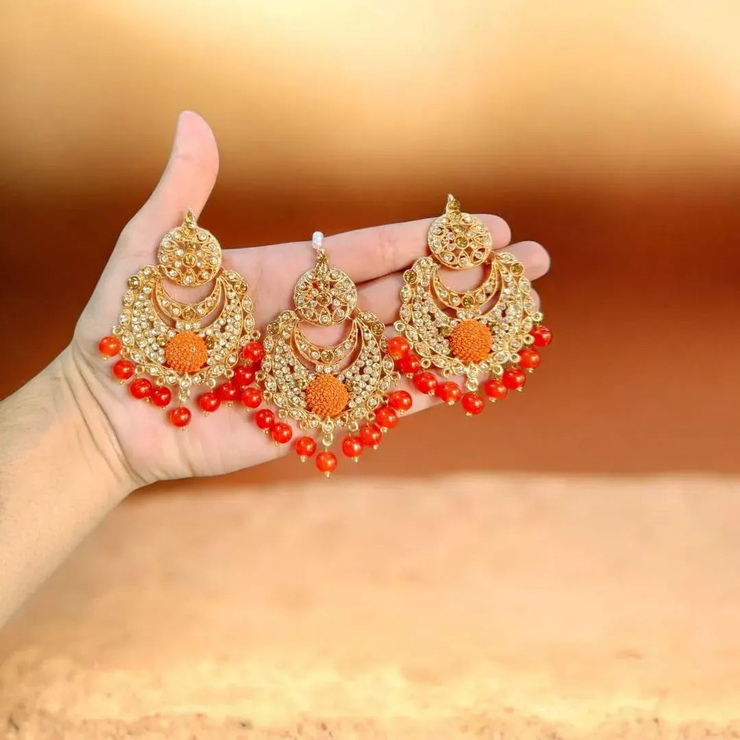 Gold Plated Crystal Earrings Set for Pakistani Bride