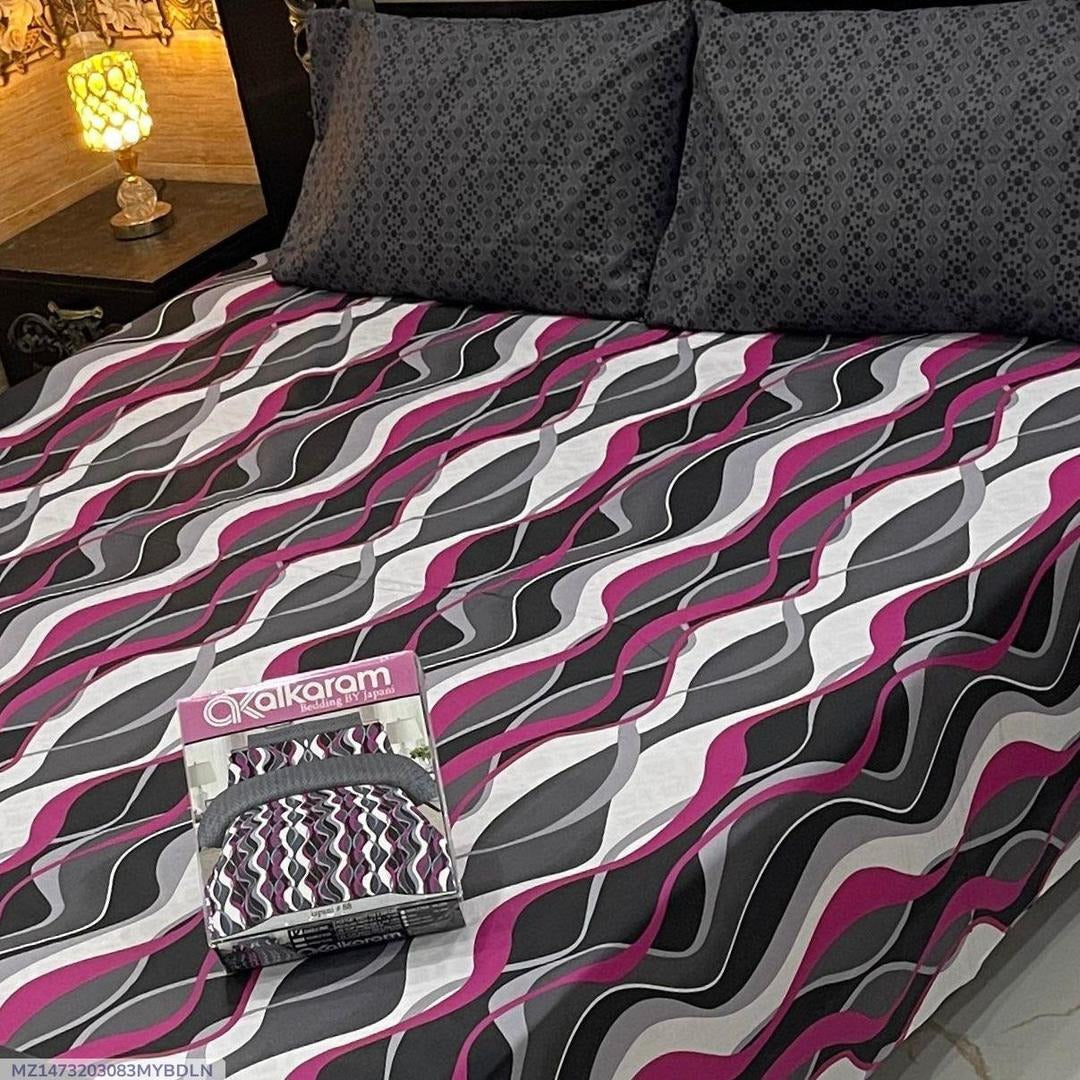 Cotton Salonica Printed Double Bedsheet Pink Black White 3 Pcs