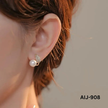 Korean Leaf Pearl Earrings Silver Gold Post Back