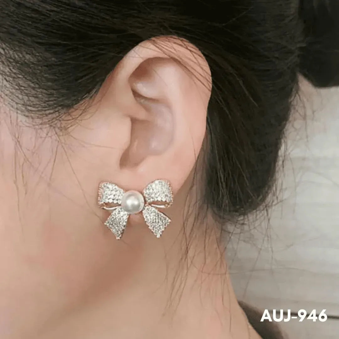 Bow Earrings Gold Pearl Sparkling Zircon S925