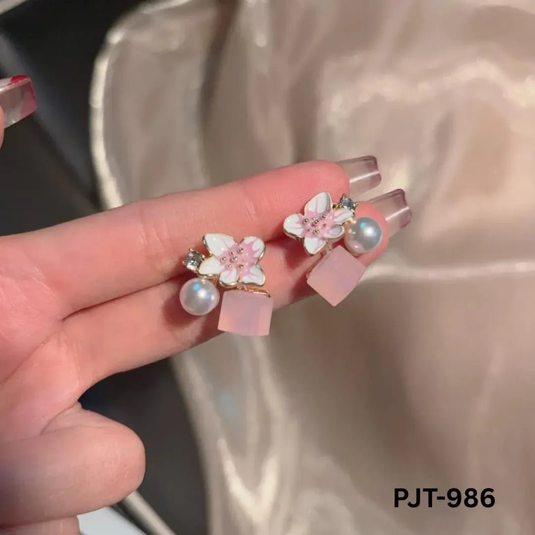 Women Floral Crystal Earrings Pink Blue Silver 2Pcs