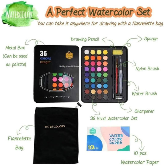 36 Color Watercolor Set with Brush & Sponge