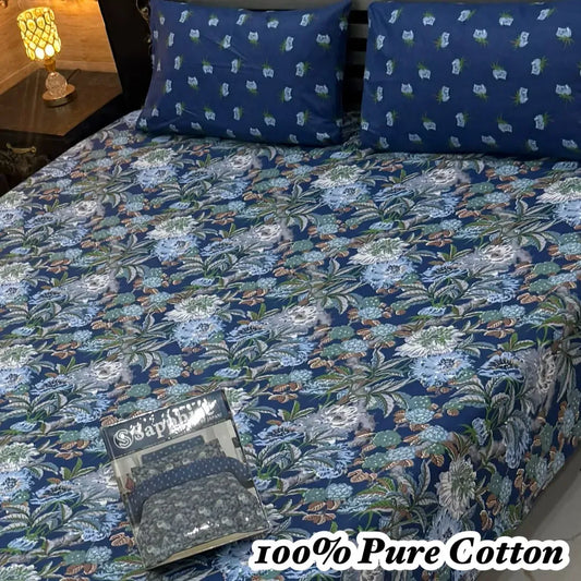 Blue Floral Cotton Bedsheet Set for Double Bed