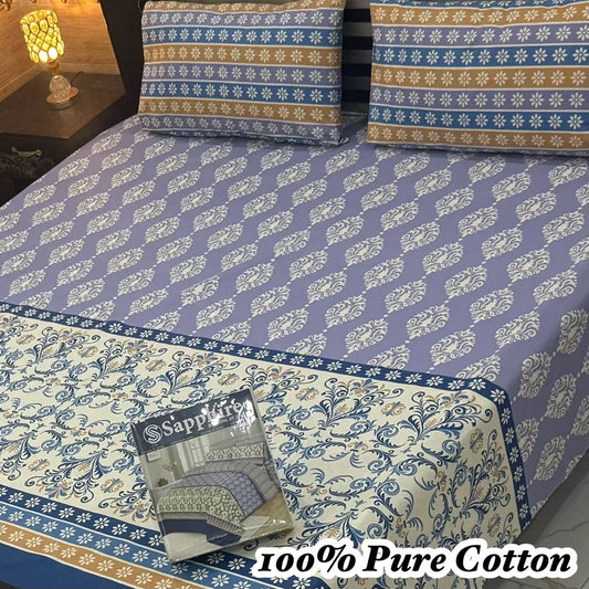 Cotton Printed Bedsheet Set Double Bed Purple 3 Pcs