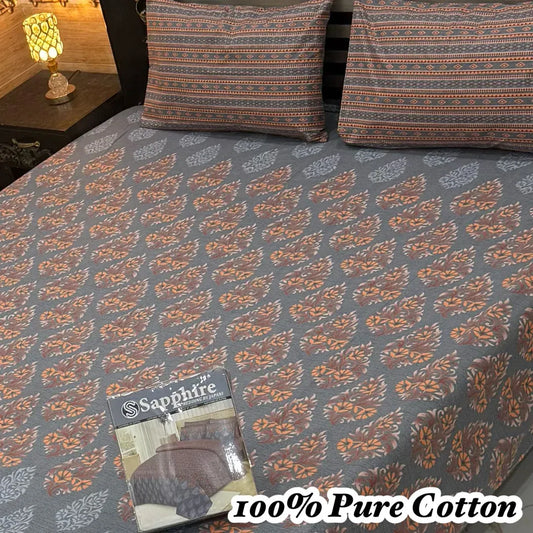Cotton Printed King Size Bedsheet Set Grey 3 Pcs