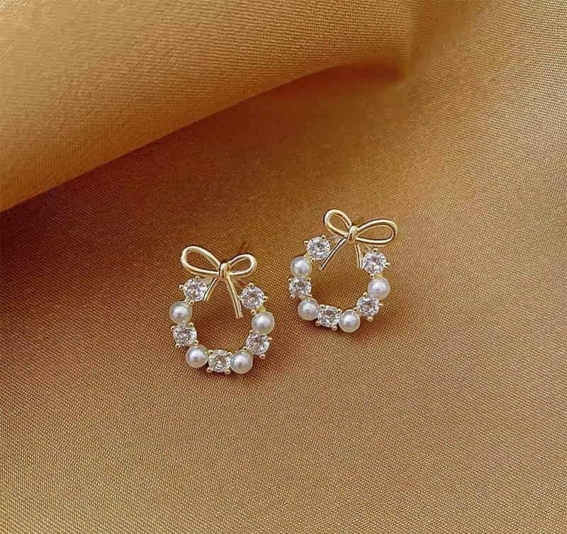 Golden Bow Earrings for Women with Crystals & Pearls