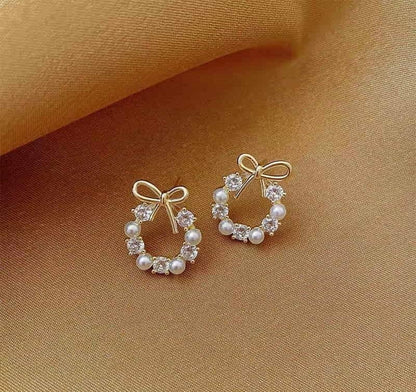 Golden Bow Earrings for Women with Crystals & Pearls