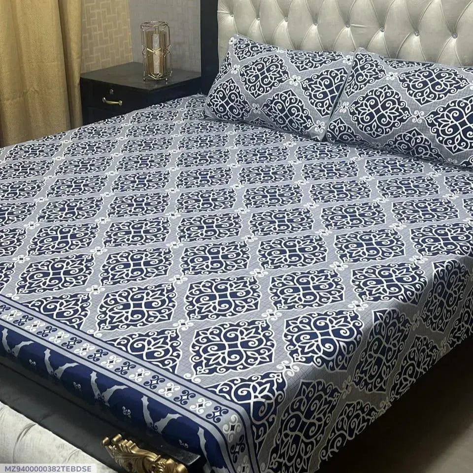 Crystal Cotton Printed Bedsheet Set Double Bed Blue White
