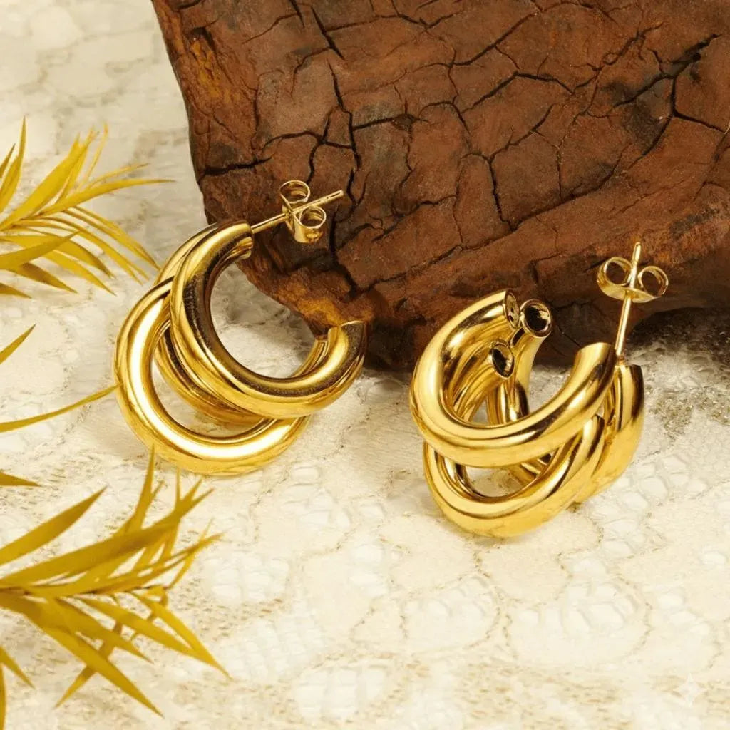 Three Layer Korean Hoop Earrings Golden Alloy Lightweight