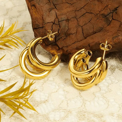 Three Layer Korean Hoop Earrings Golden Alloy Lightweight