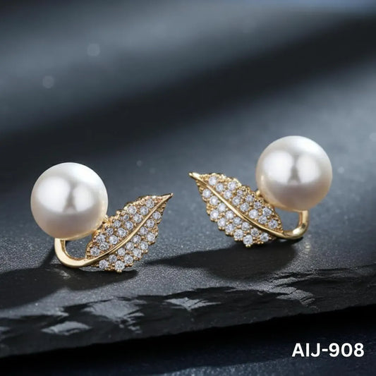 Korean Leaf Pearl Earrings Silver Gold Post Back