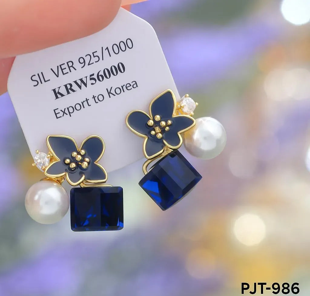 Women Floral Crystal Earrings Pink Blue Silver 2Pcs