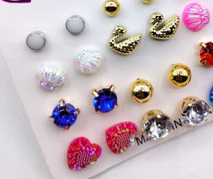 Artificial Stone Ear Studs for Women - 12 Pairs, Gold Swans & Gems