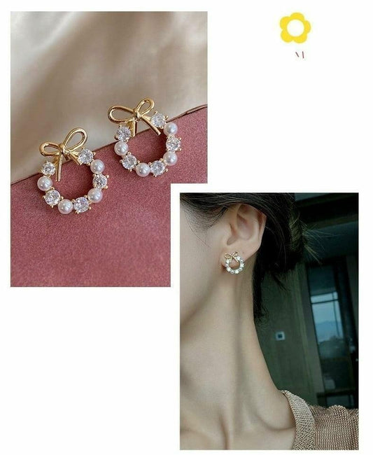 Golden Bow Earrings for Women with Crystals & Pearls