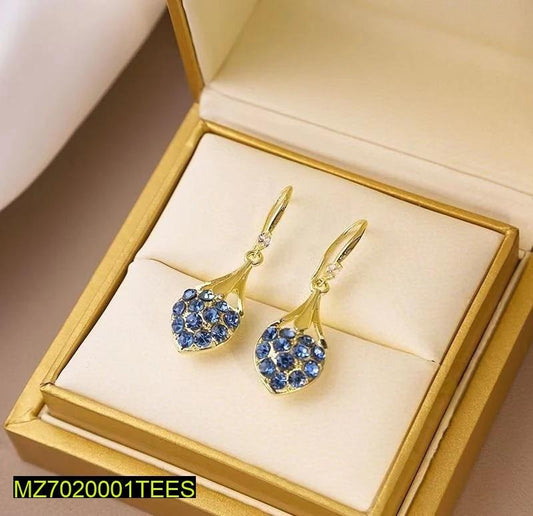 Blue Crystal Drop Earrings Gold Tone Pakistani Women