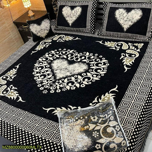 Velvet Jacquard Bed Sheet Set Black White Heart Floral Double