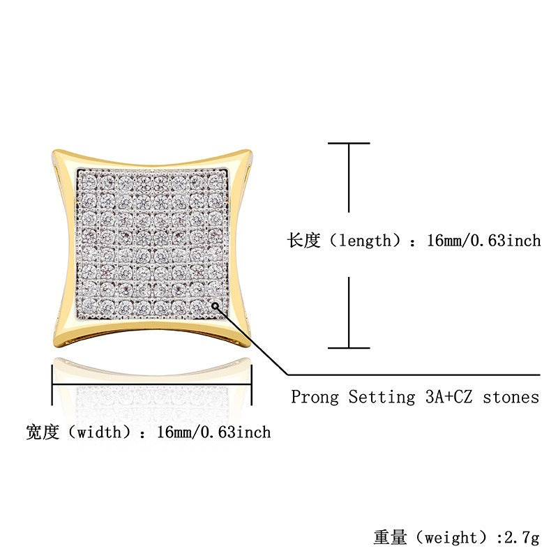 Square Zircon Earrings Real Gold Hip-Hop Style