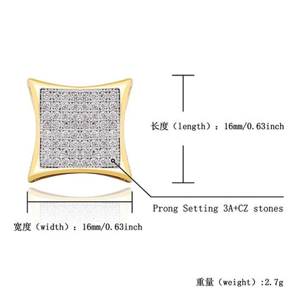 Square Zircon Earrings Real Gold Hip-Hop Style