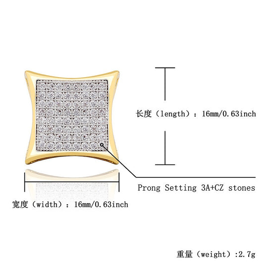 Square Zircon Earrings Real Gold Hip-Hop Style