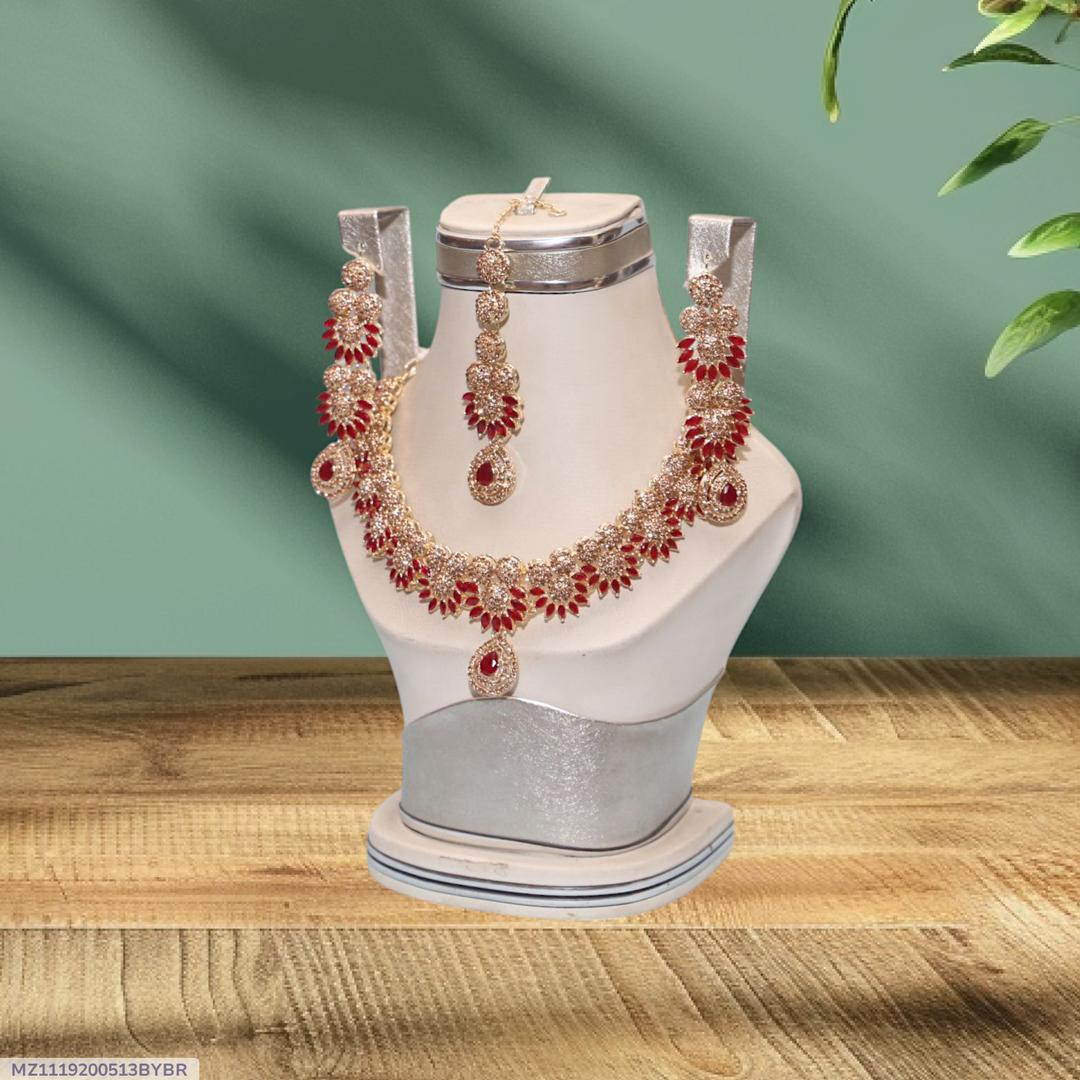 Red Crystal Bridal Necklace Set Gold Plated Lightweight Elegant Design