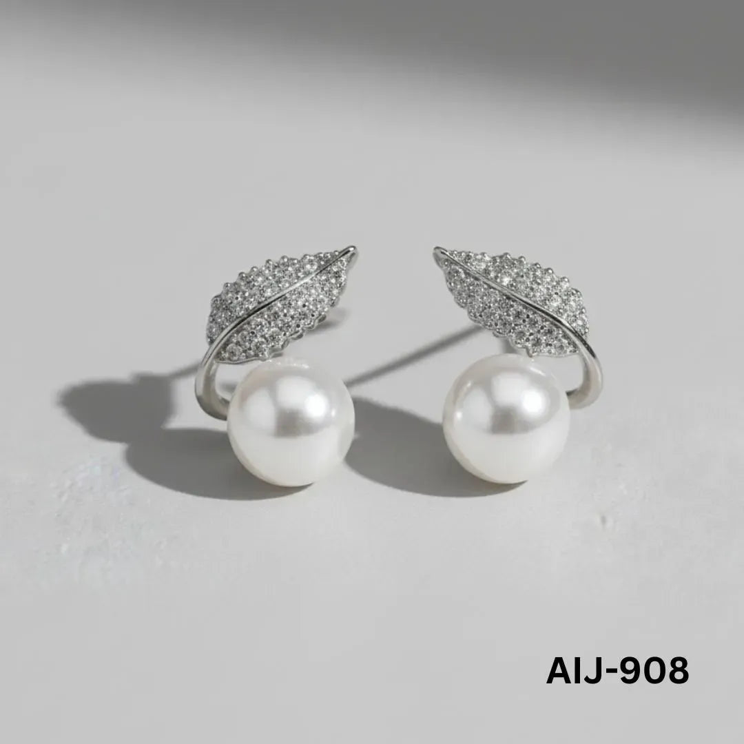 Korean Leaf Pearl Earrings Silver Gold Post Back