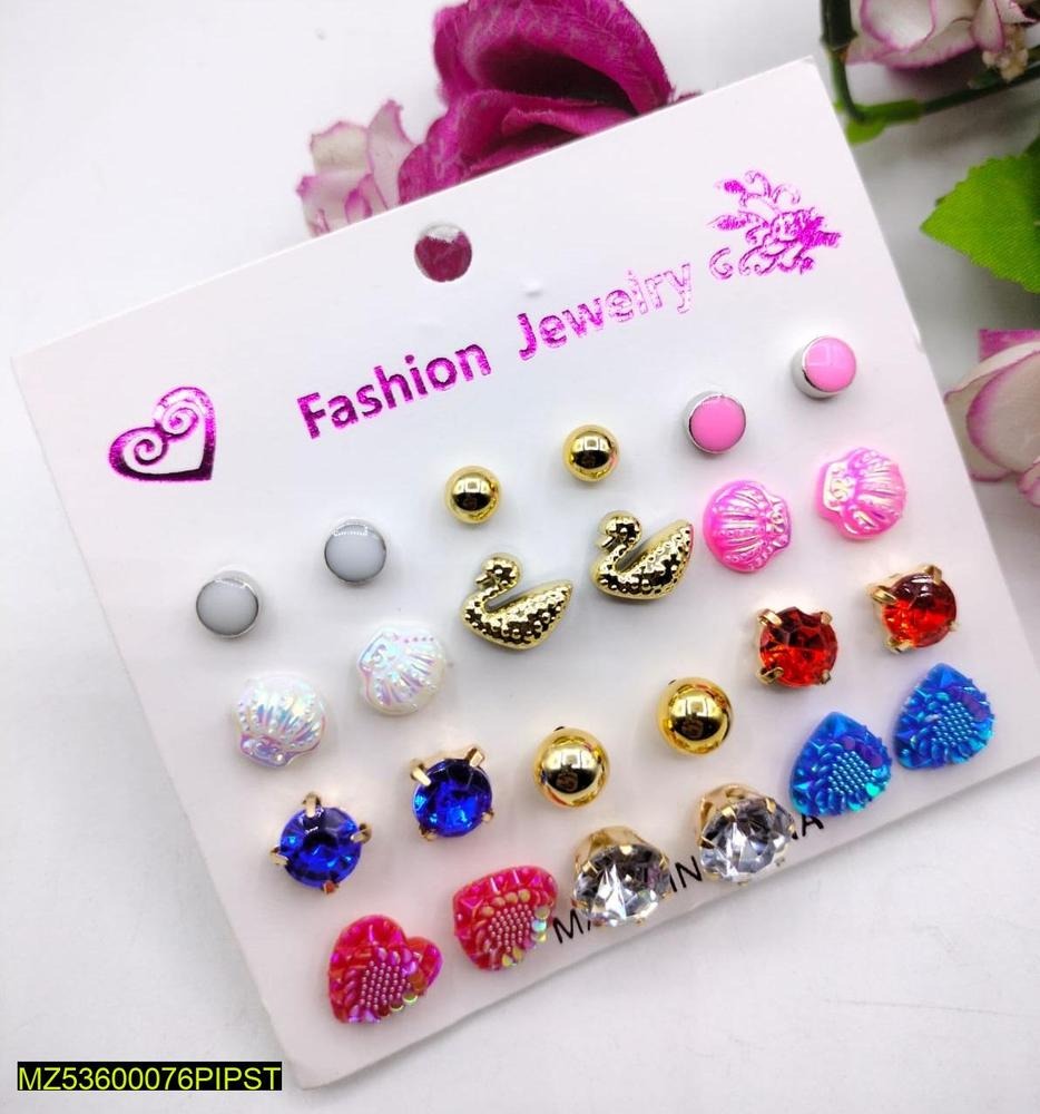Artificial Stone Ear Studs for Women - 12 Pairs, Gold Swans & Gems
