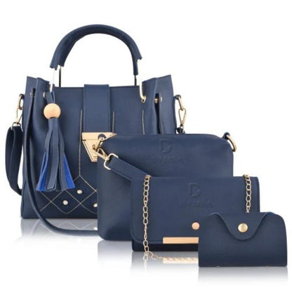 Women's Blue Gold PU Leather Shoulder Bag Set 5 Pcs