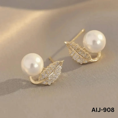 Korean Leaf Pearl Earrings Silver Gold Post Back