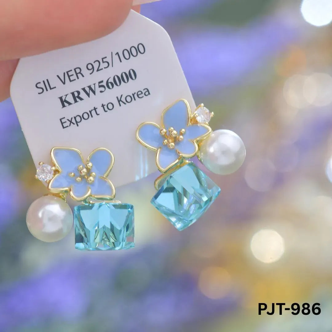 Women Floral Crystal Earrings Pink Blue Silver 2Pcs