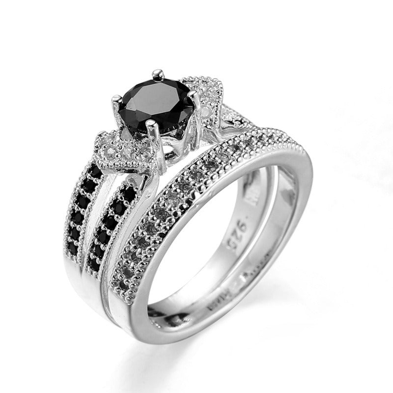 Black Zircon Couple Ring Set 925 Sterling Silver Daily Wear