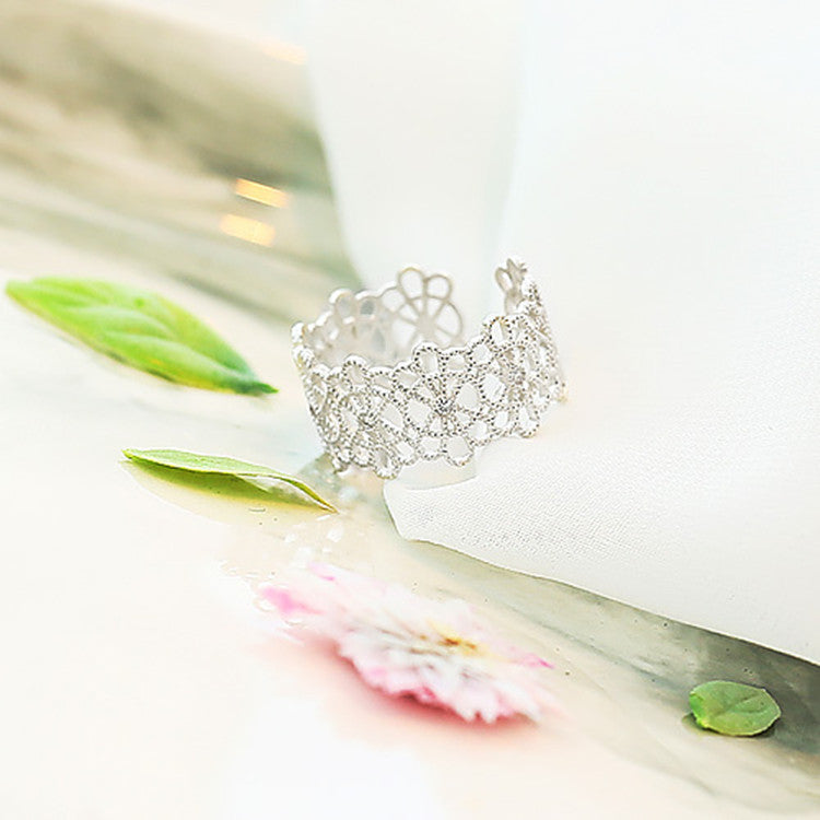 S925 Silver Hollow Lace Ring Women Korean Style Adjustable
