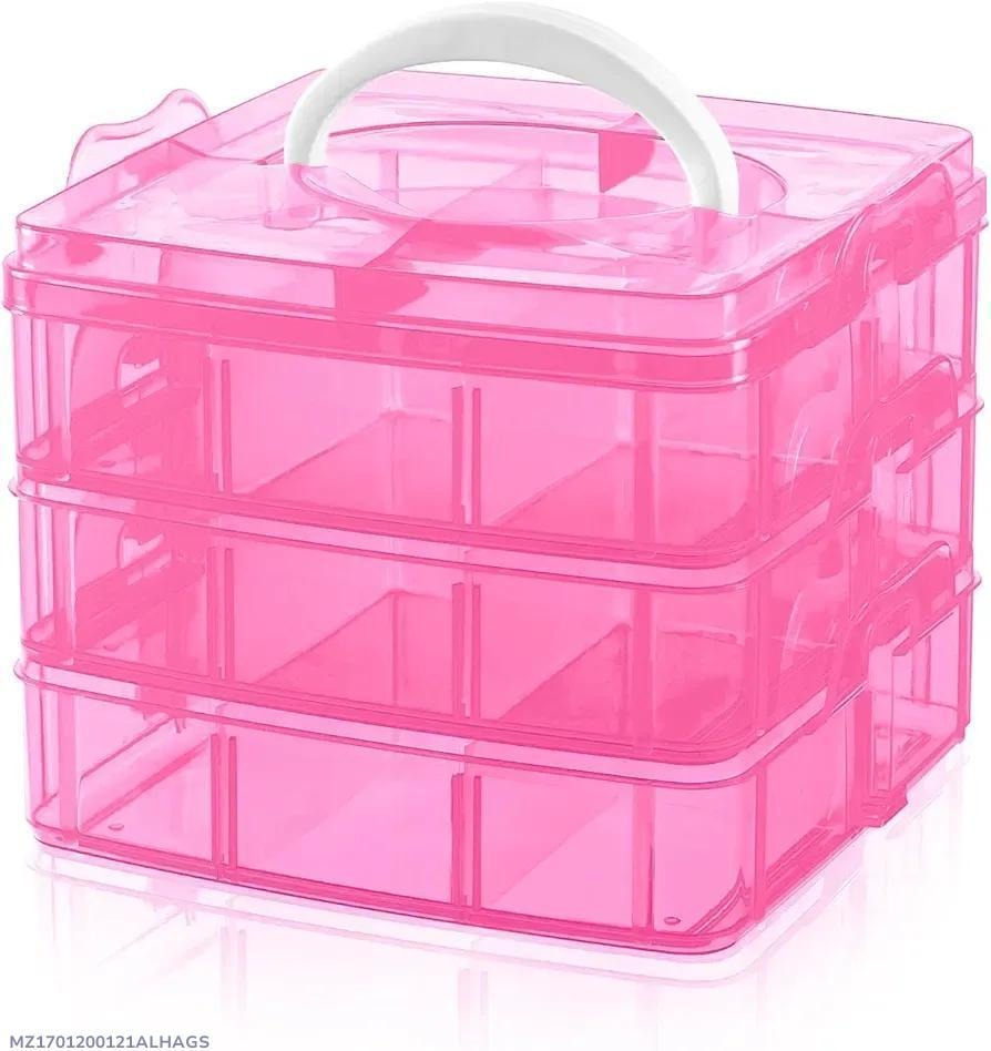 Pink 3-Tier Storage Box with Handle for Home Office Use