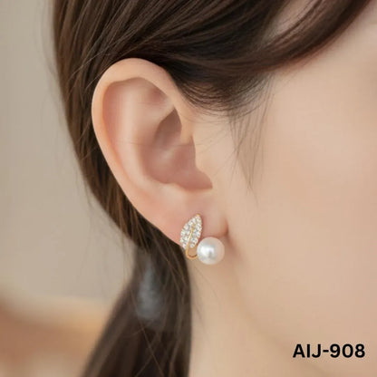 Korean Leaf Pearl Earrings Silver Gold Post Back
