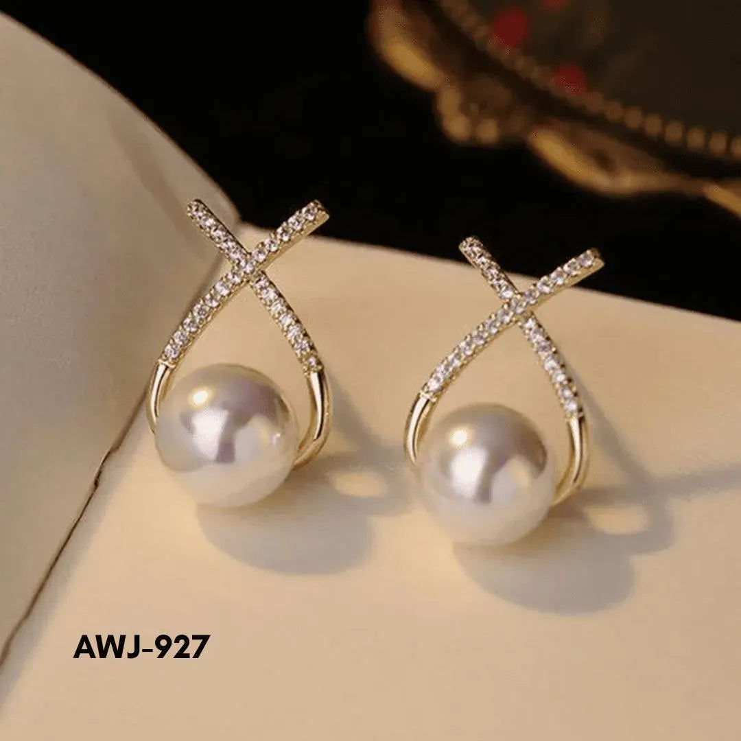 Cross Zircon Pearl Earrings Silver Gold Set